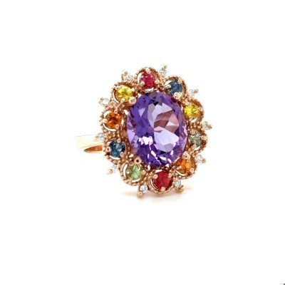 4.98 Carat Oval Cut Amethyst Diamond Sapphire Rose Gold Cocktail Ring Profile Picture